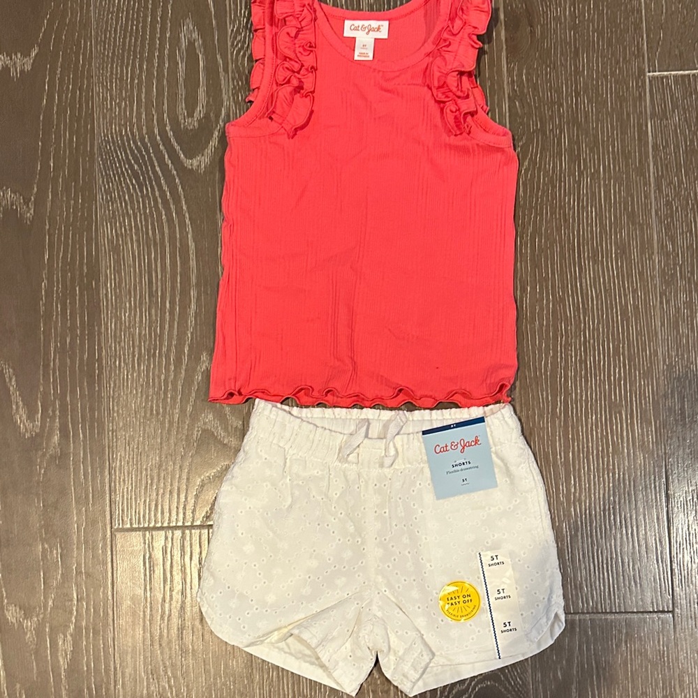 Cat & Jack Coral Ruffle Tank with White Eyelet Shorts Set